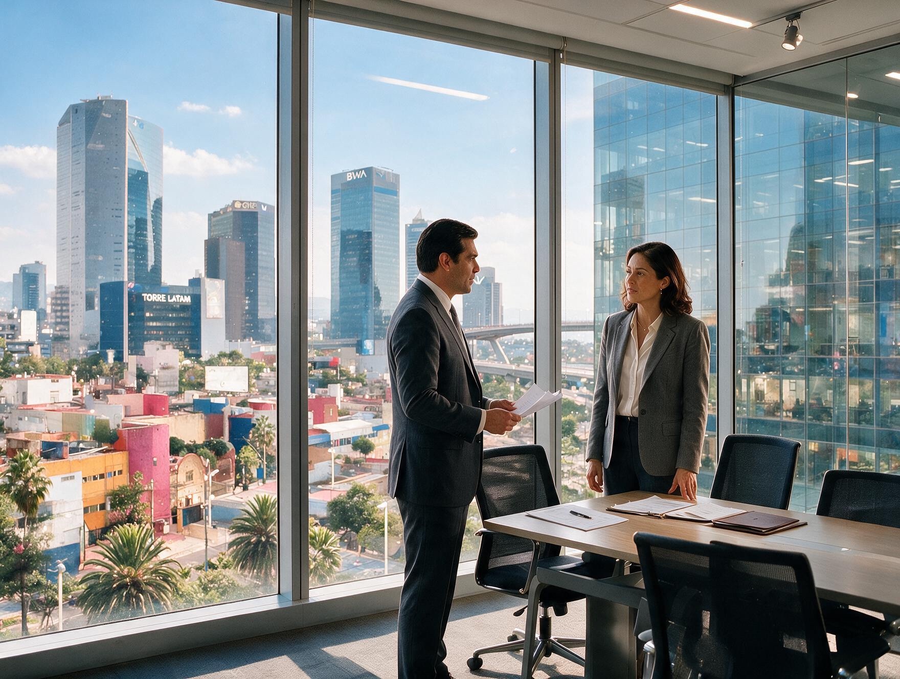 Equipo directivo conversando en una oficina corporativa