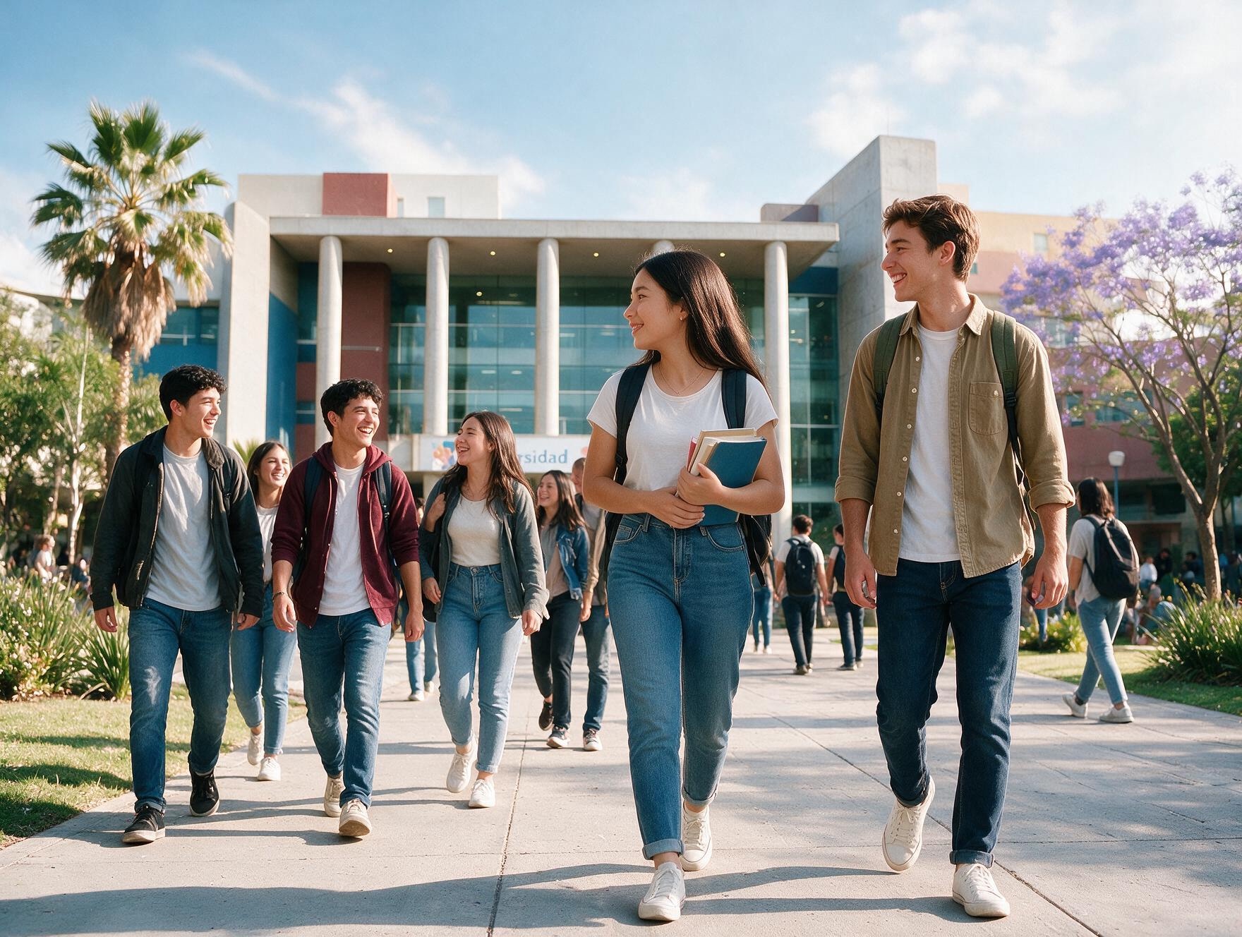 Estudiantes caminando en un campus universitario