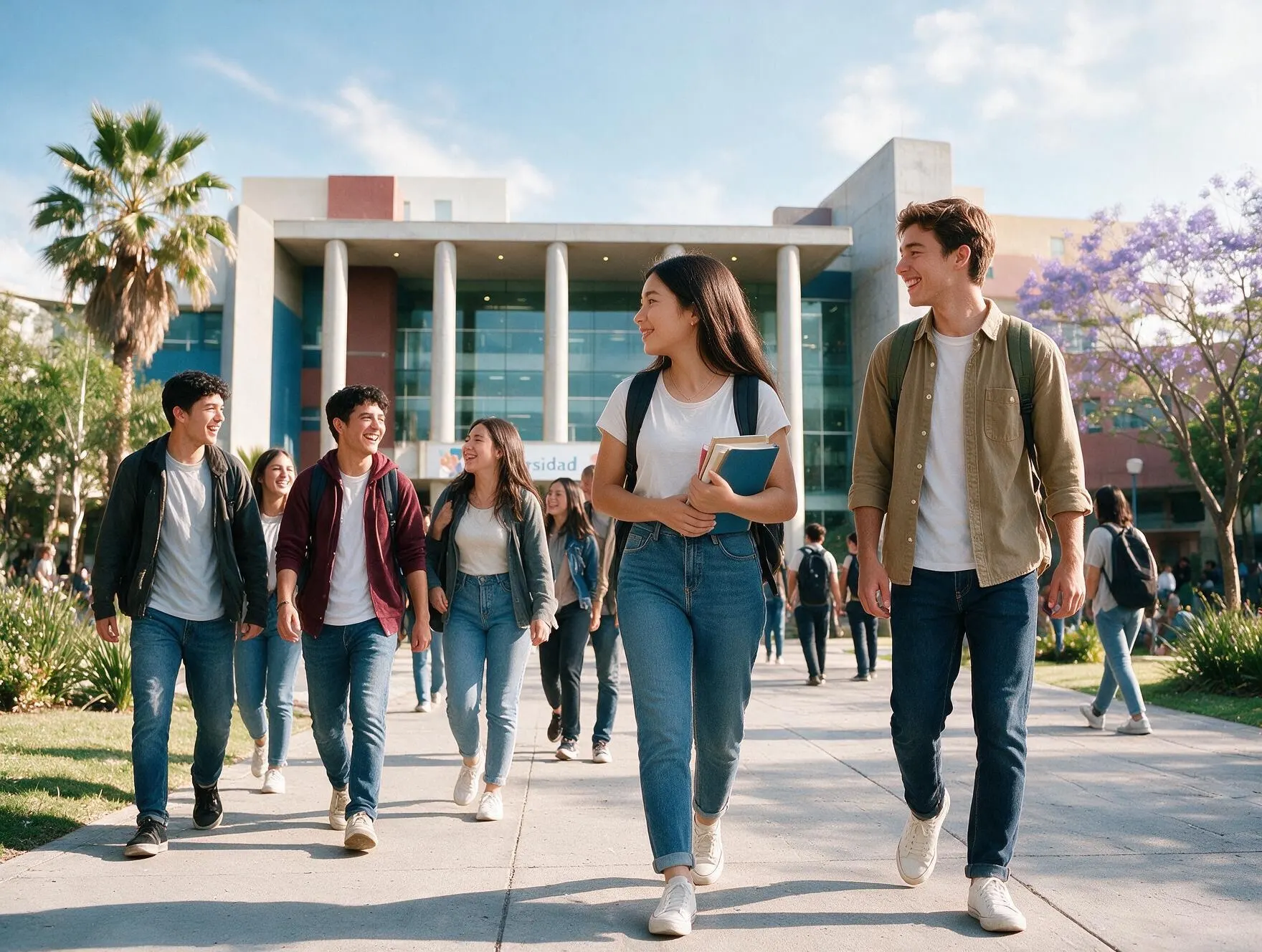 Estudiantes caminando en un campus universitario